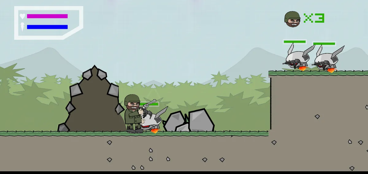 Soldier standing beside the big stones used as cover on the Mini Militia Classic browser game map