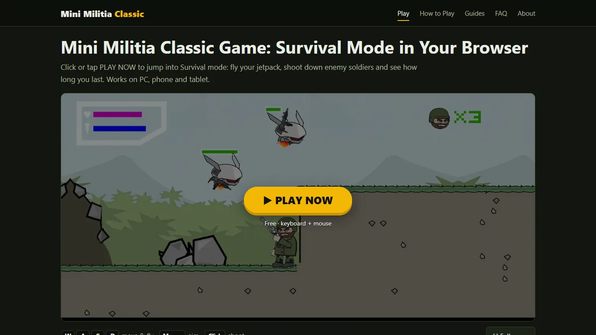 Fan-made Mini Militia Survival browser remake running in a desktop browser with the PLAY NOW button