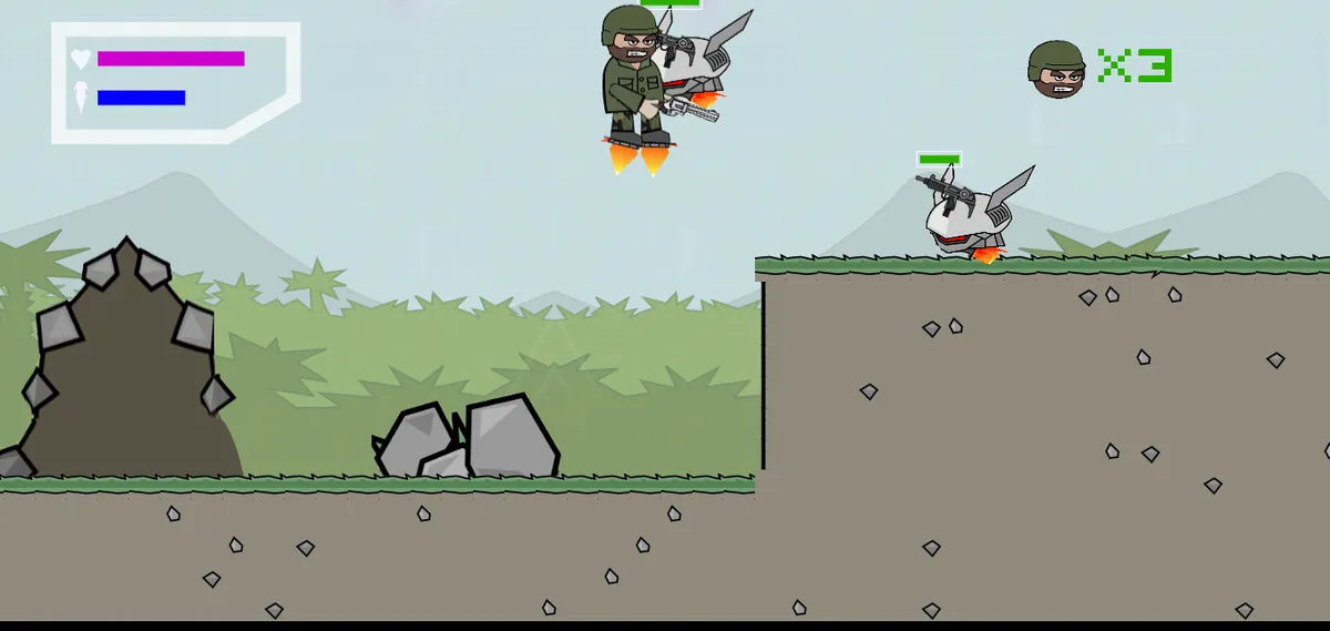 Soldier flying with a jetpack in the Mini Militia Classic browser game, blue fuel bar visible at top left