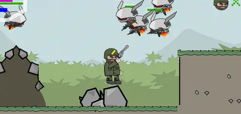 Mini Militia Classic gameplay: a soldier flying with a jetpack and shooting enemy soldiers