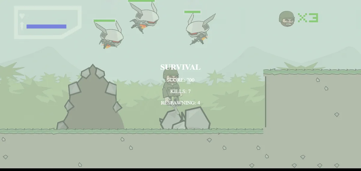 Respawn screen showing score, kills and the 6-second RESPAWNING countdown in the browser Survival game