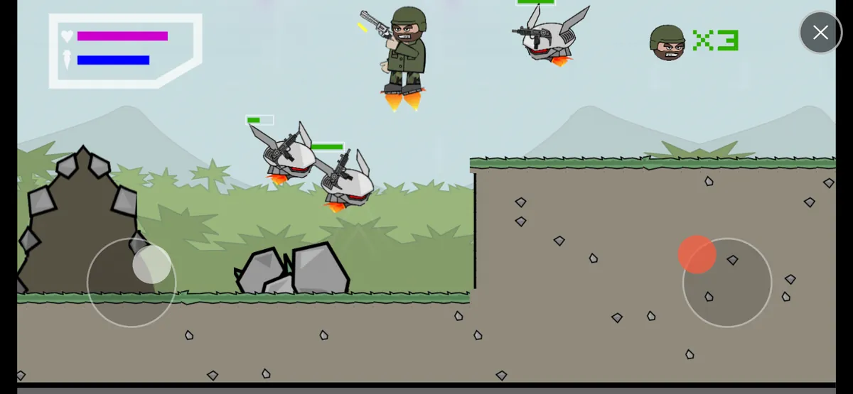 Phone held sideways showing the MOVE / FLY and AIM / FIRE touch joysticks in the Mini Militia browser game