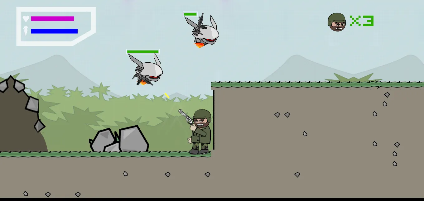Mini Militia Classic browser game: soldier with a pistol aiming at flying robot enemies on a sand and grass map